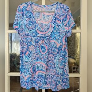 Lilly Pulitzer Etta V-Neck Top Blue Grotto Commotion In The Ocean Size Large